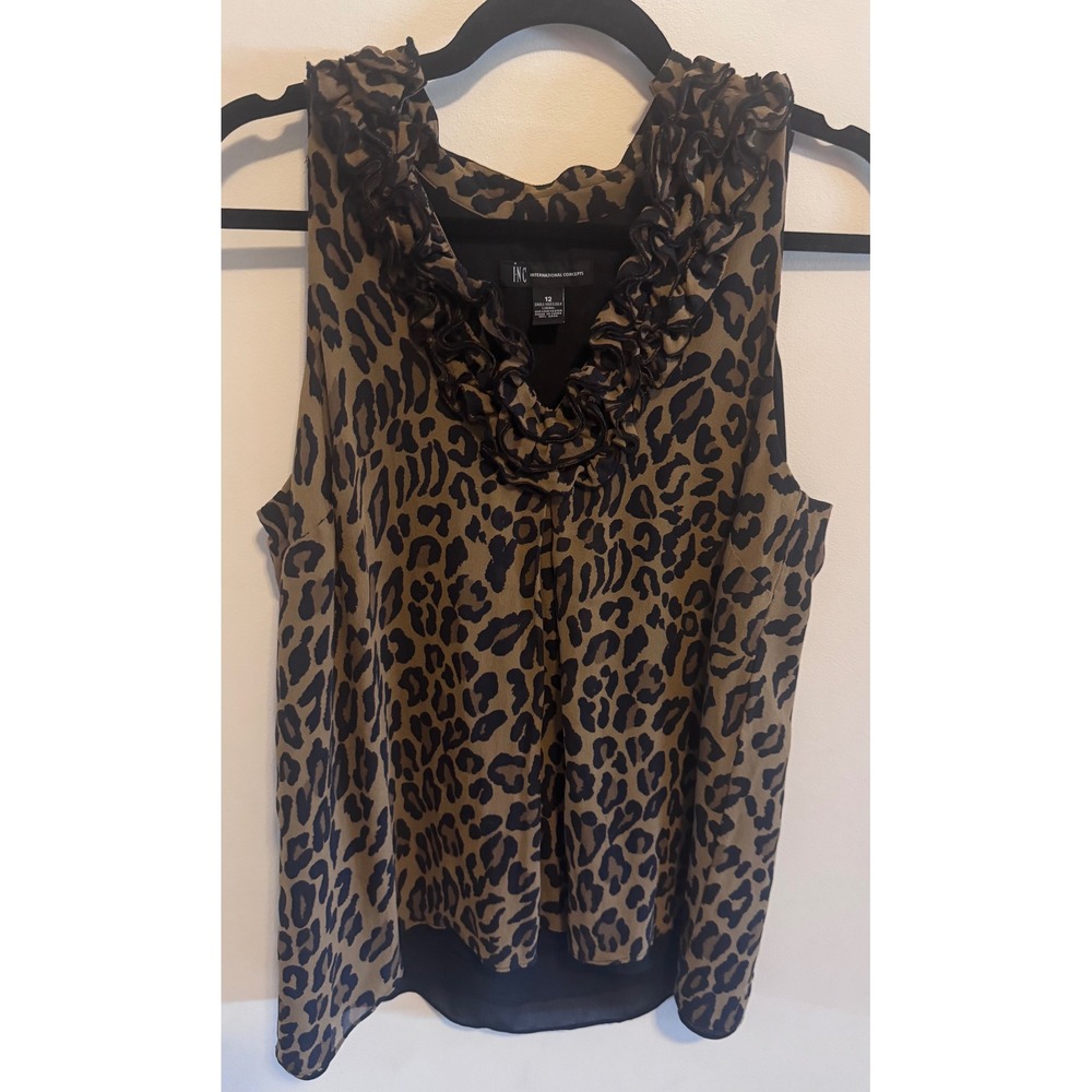 INC 100% Silk Leopard Ruffle Blouse | Romantic Luxe | Feminine Boho | 12